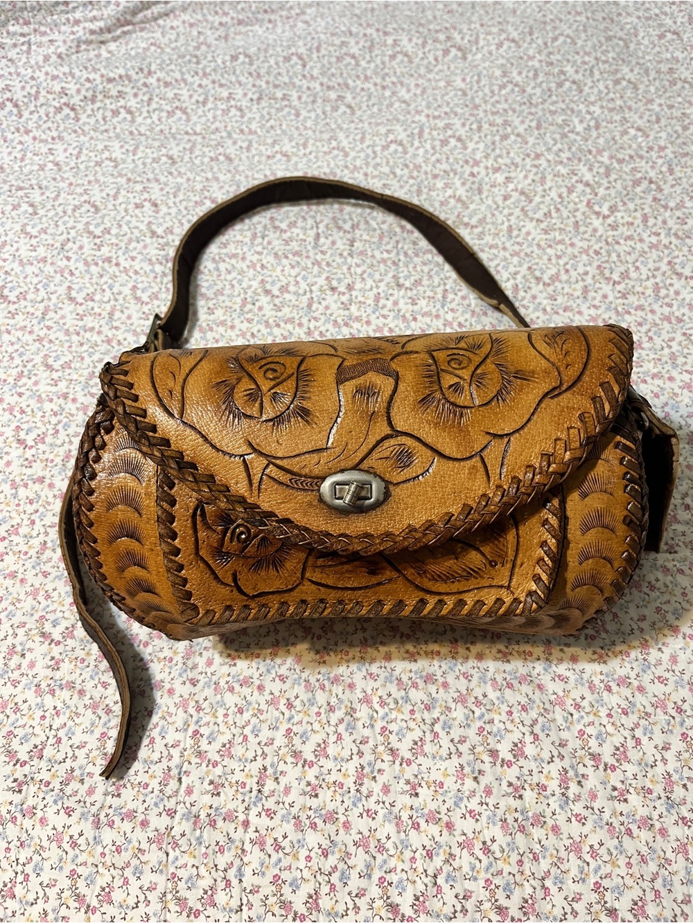 Handcrafted Mexican Tooled Leather Shoulder Bag - Tan